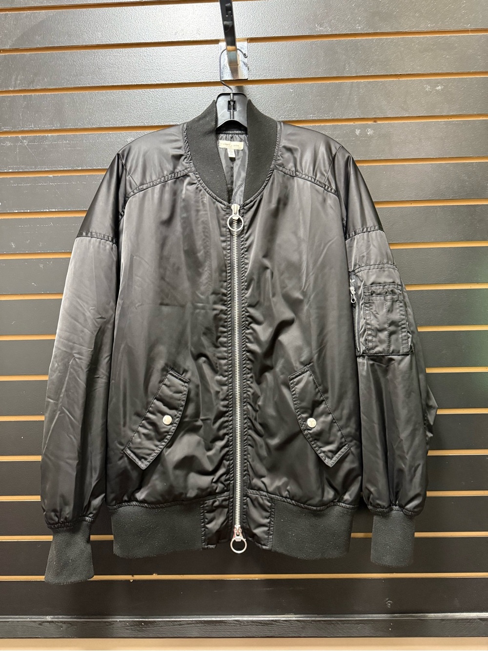 silence + noise Black Satin Bomber Jacket with Ring Zipper